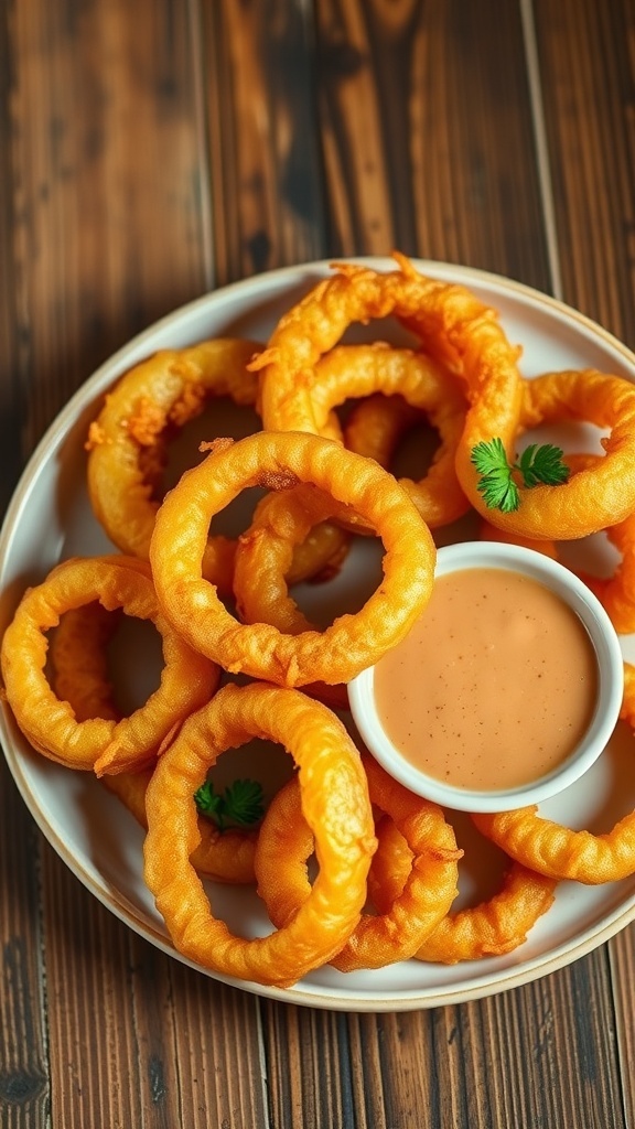A plate of crispy onion rings with a dipping sauce on a rustic table.